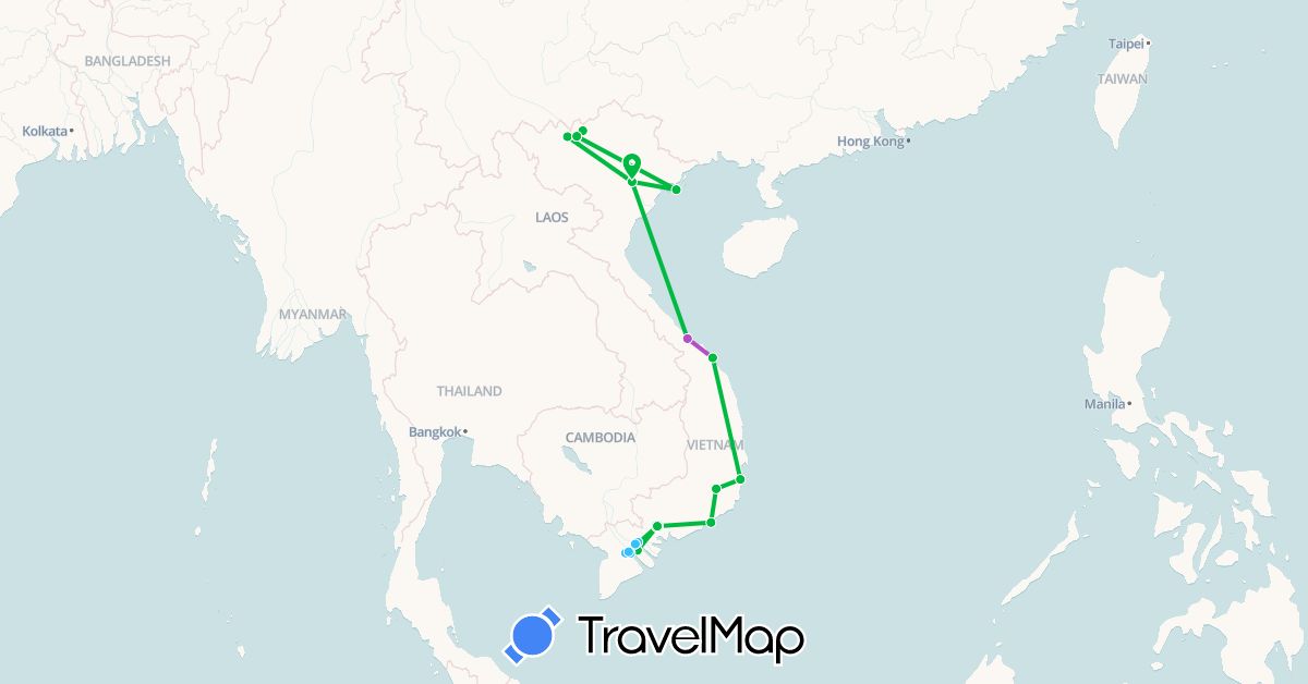 TravelMap itinerary: bus, plane, train, boat in Vietnam (Asia)
